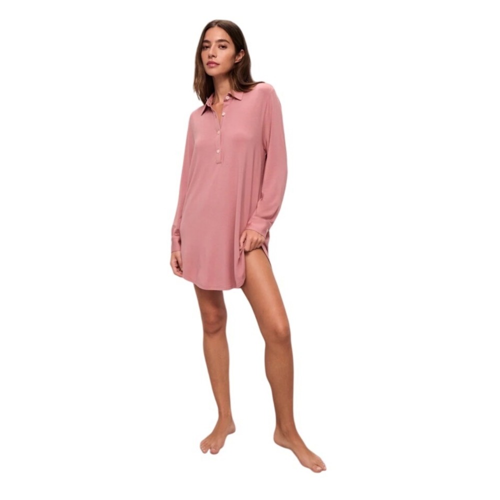 Eberjey Gisele Tencel Modal Sleepshirt Rose Pink Long Sleeve Nightshirt Medium